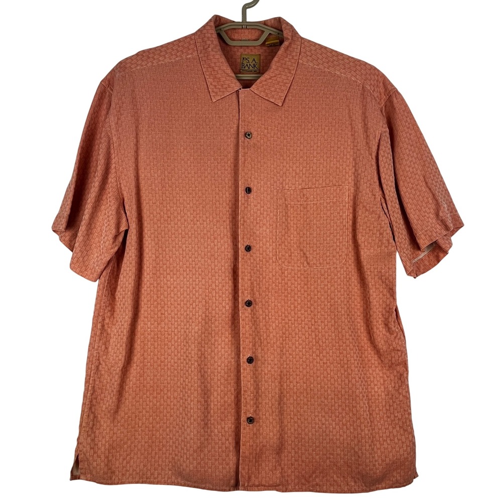 Jos A Bank 100% Silk Shirt Mens XL Orange Textured Camp Resort Button Up